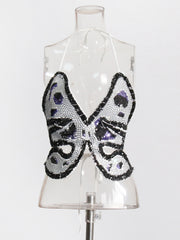 Sexy Rhinestone Sequin Halter Butterfly Top