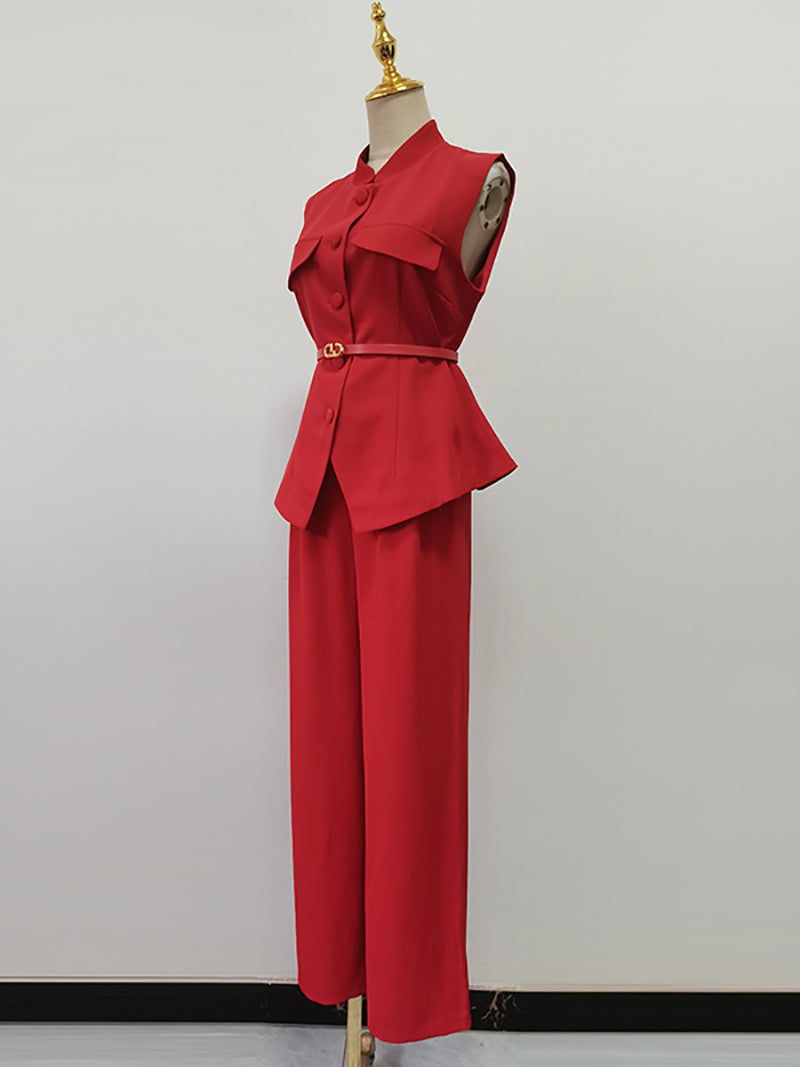Fashion Sleeveless Single-breasted Top and Trouser Set