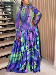 Sexy Sheer Mesh Print Patchwork Pleated Maxi Dress