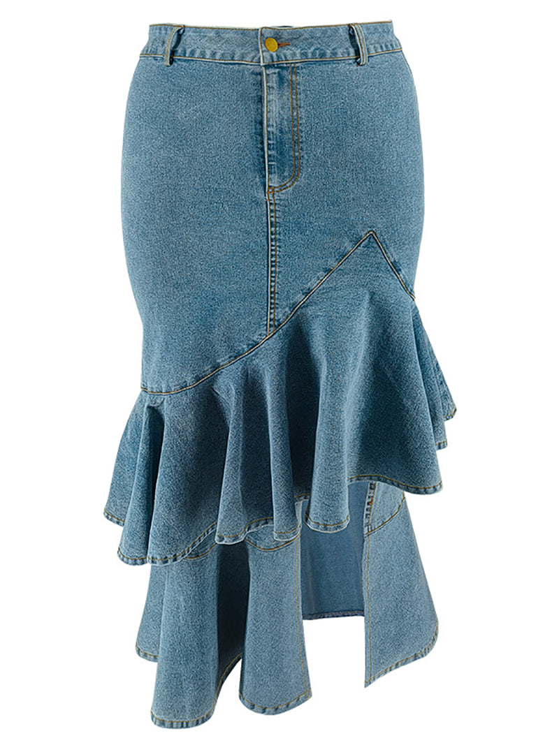 Fashion Ruffle Trim Split Hem Denim Skirt