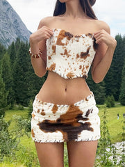 Leopard Faux Fur Tube Top and Mini Skirt Set