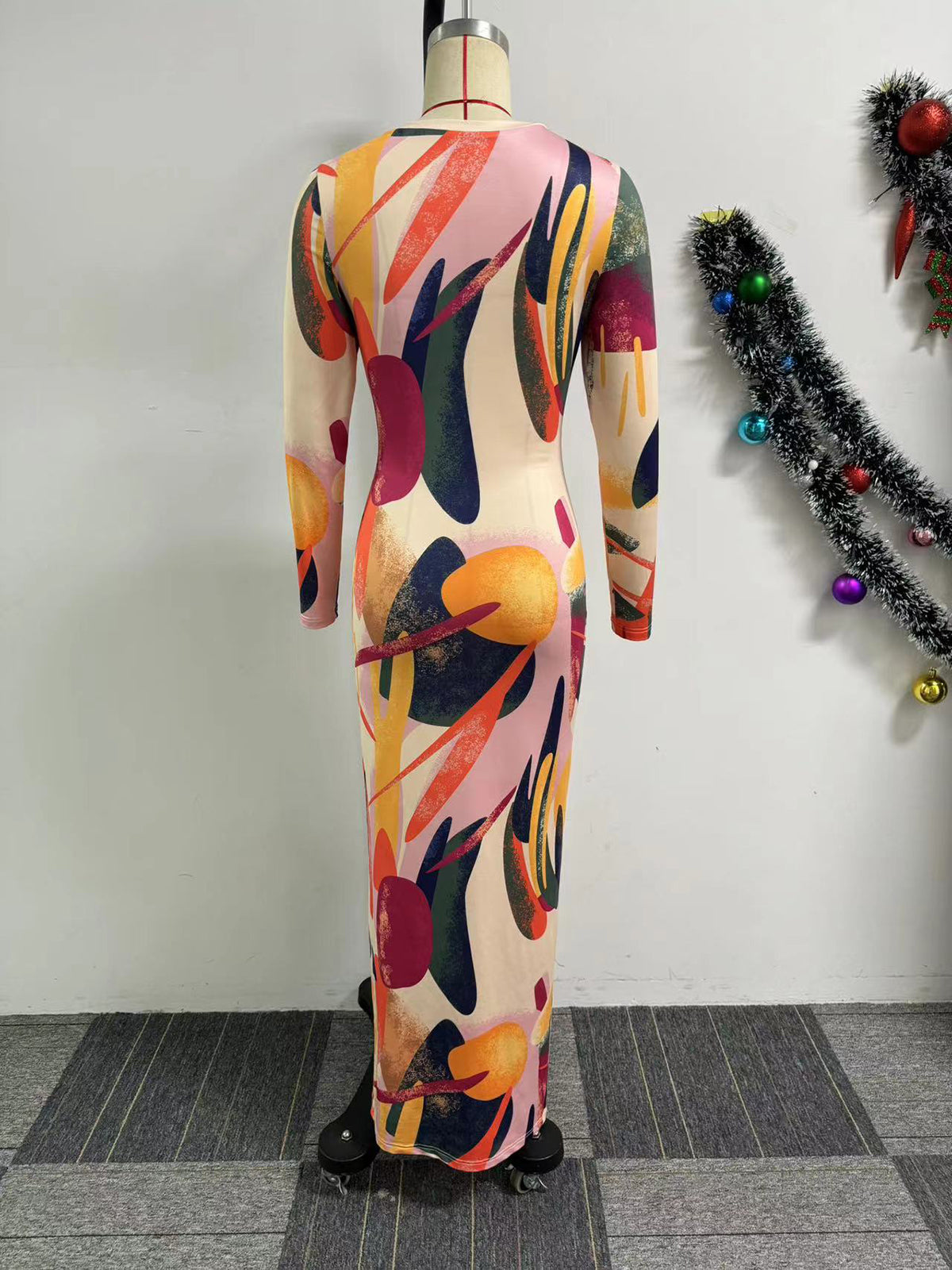 O Neck Print Long Sleeve Hollow Out Bodycon Maxi Dress