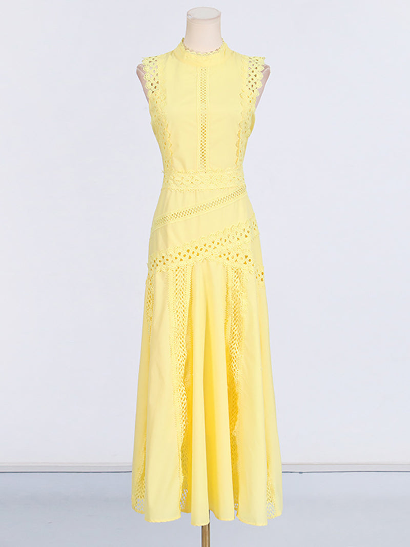 Elegant Lace Patchwork Sleeveless Midi Dress