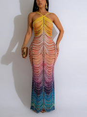 Gradient Color Print Rhinestones Sleeveless Maxi Dress