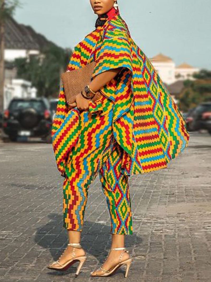 Casual Print V Neck Loose Oversized Top And Pants Set
