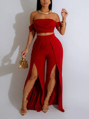 Strapless Top And Slit Wide Leg Pants Two Piece Set