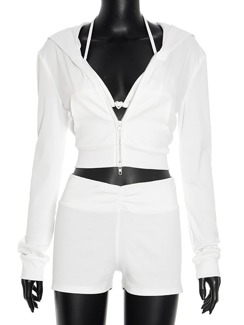 Fashion Hooded Cropped Coat Shorts Three Piece Set