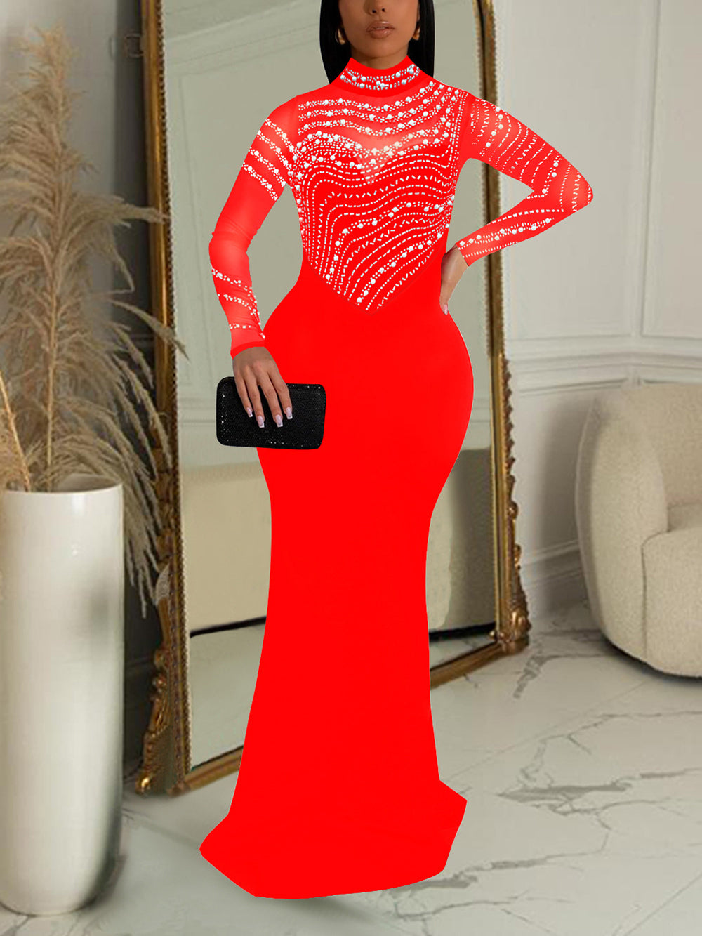 Rhinestone Mesh Patchwork Long Sleeve Maxi Dress