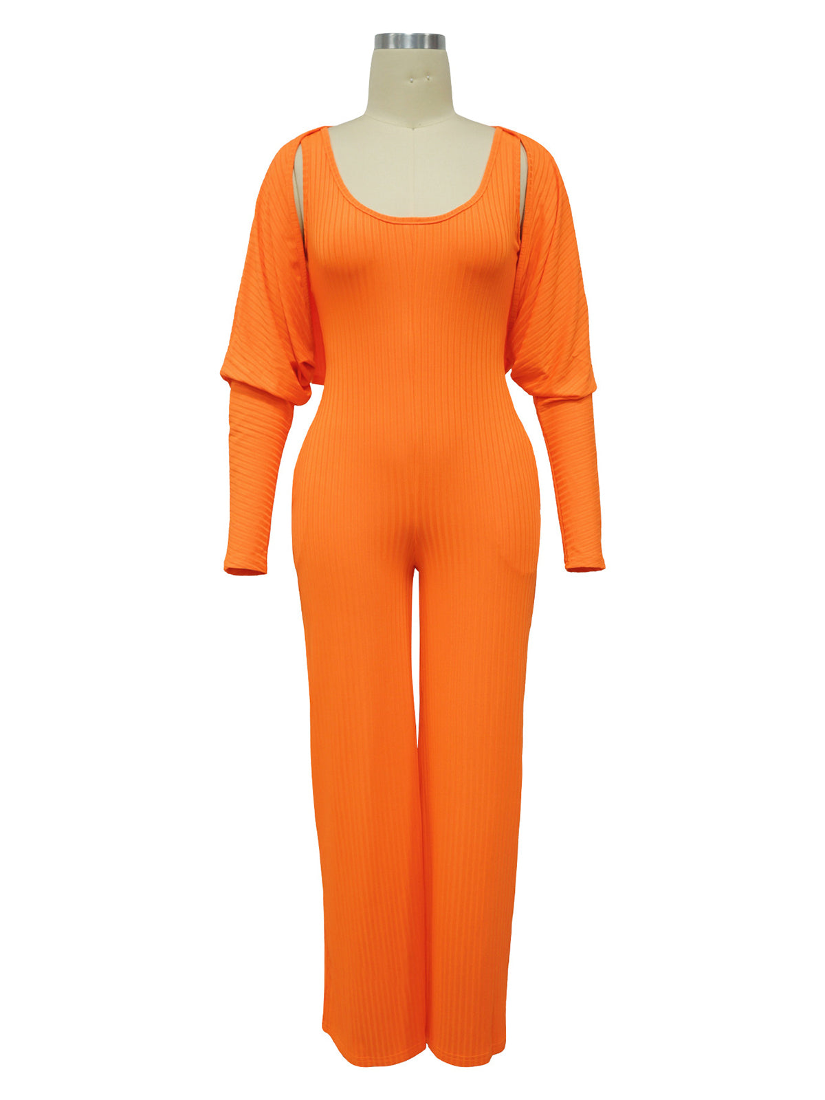 Casual Ribbed Jumpsuit Long Sleeve Cardigan Set