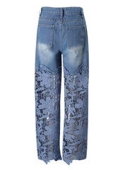 Polka Dot Lace Hem Wide Leg Jeans