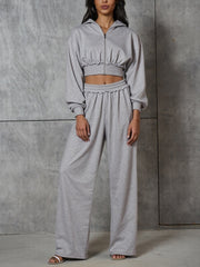 Cropped Hooded Sweatshirt Wide Leg Pant Tracksuit Set