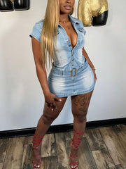 Sexy Button Cinched Waist Bodycon Denim Mini Dress
