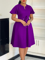 Elegant Short Sleeve Lace-up Slim Midi Dress