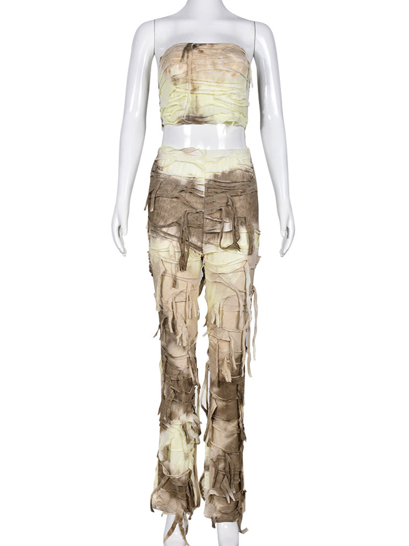 Tie-Dye Print Strapless Top and High-Waist Fringe Pants