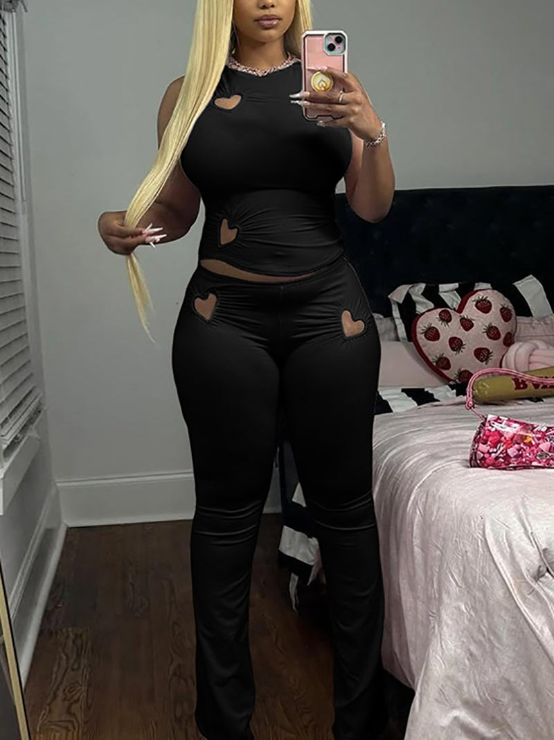 Casual Love Heart Cutout Sleeveless Pants Set