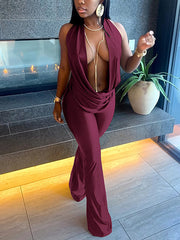 Fashion Sexy Cut-Out Halter Plunge Neck Jumpsuit