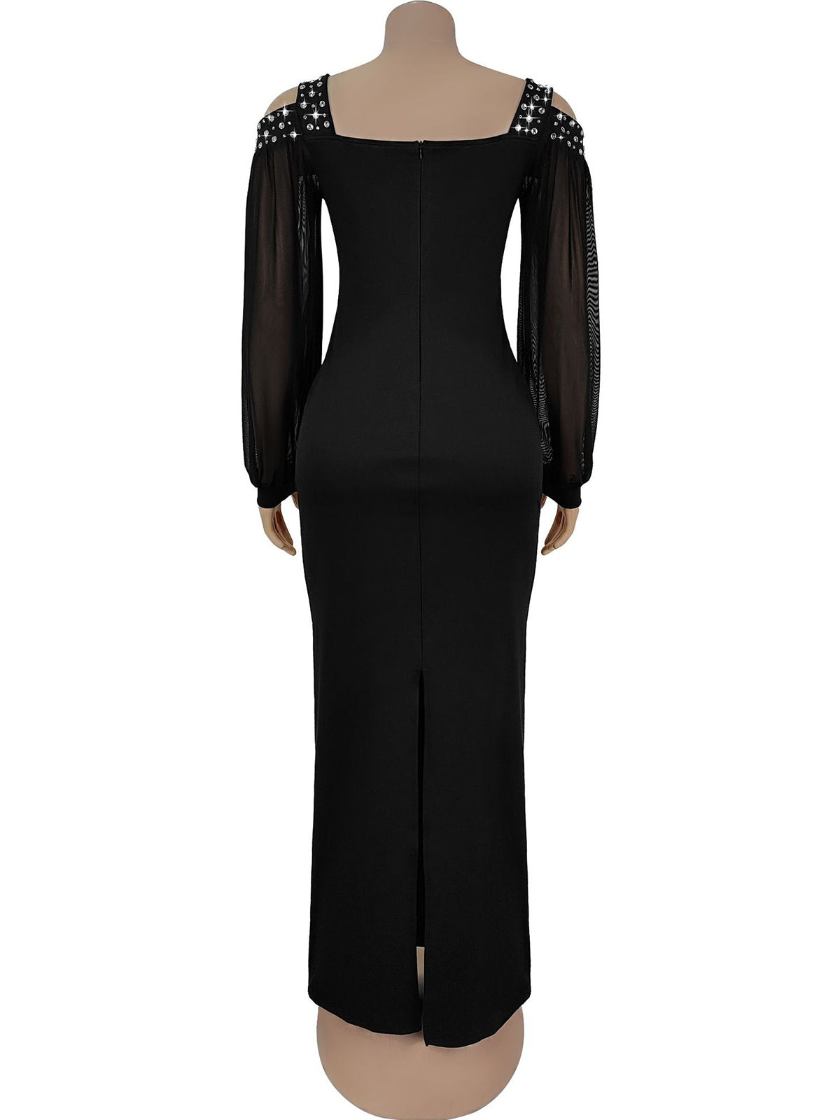Elegant Rhinestone Square Neck Mesh Slim Maxi Dress