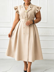 Elegant Ruffle Sleeve Double-breasted Slim Dress