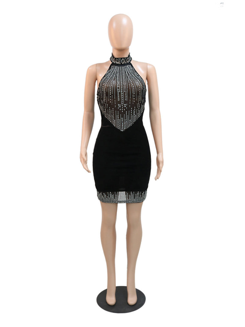 Sleeveless Halter Mesh Sheer Rhinestones Bodycon Dress