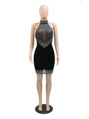 Sleeveless Halter Mesh Sheer Rhinestones Bodycon Dress