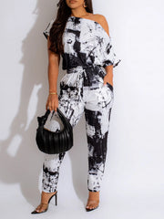 Fashion Print Short Sleeve Slim Jumpsuit