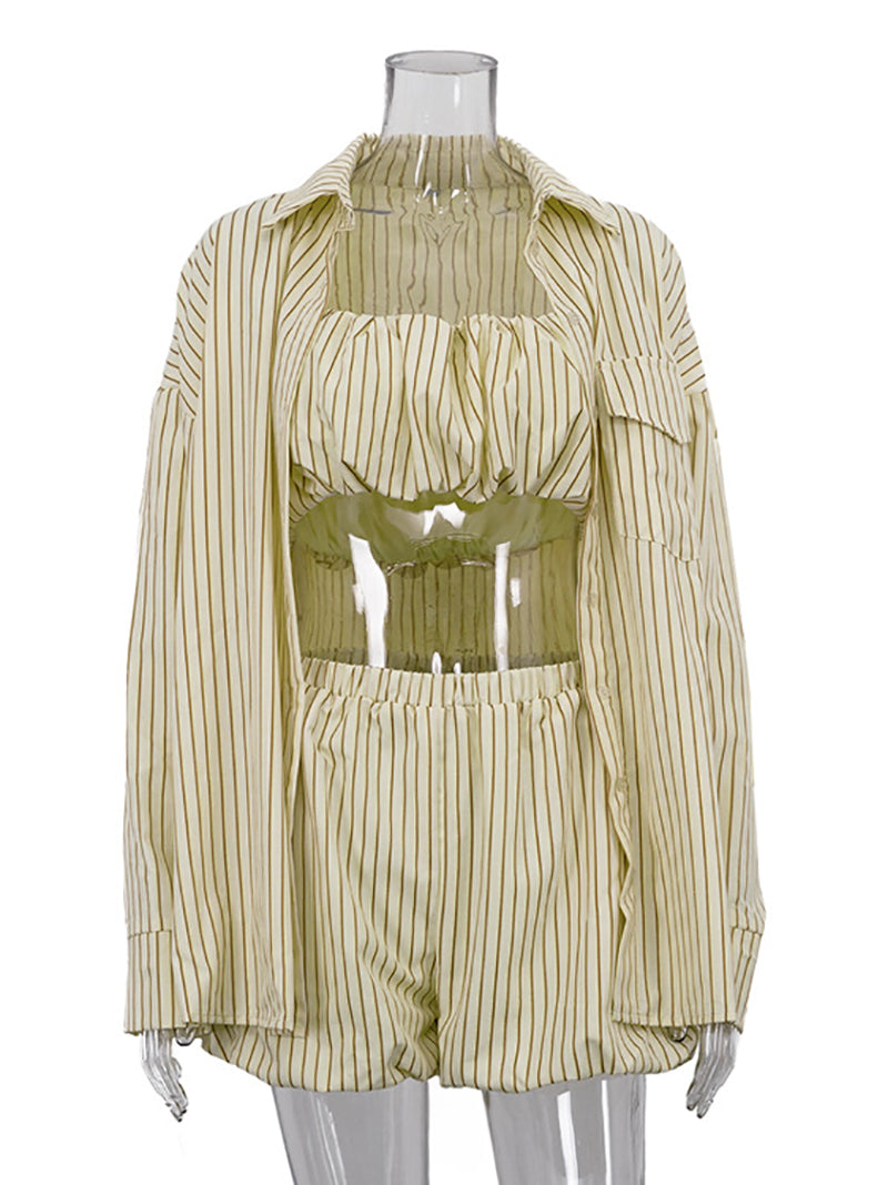Fashion Loose Stripe Print Shorts 3 Piece Set