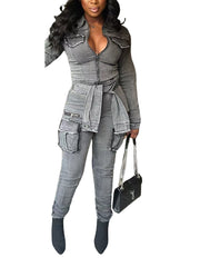 Casual Zip-Front Bandage Denim Cargo Jumpsuit