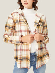 Casual Plaid Hooded Drawstring Button Down Shirt