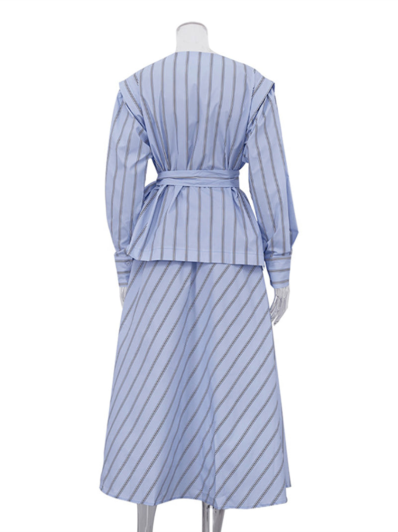 Casual Stripe O-neck Lace-Up Top Long Skirt Set
