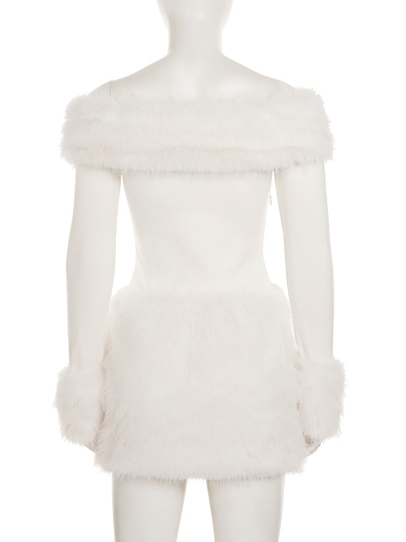 Sexy Off Shoulder Long Sleeve Fluffy Mini Dress