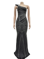 Sexy Skew Collar Rhinestone Nightclub Dress