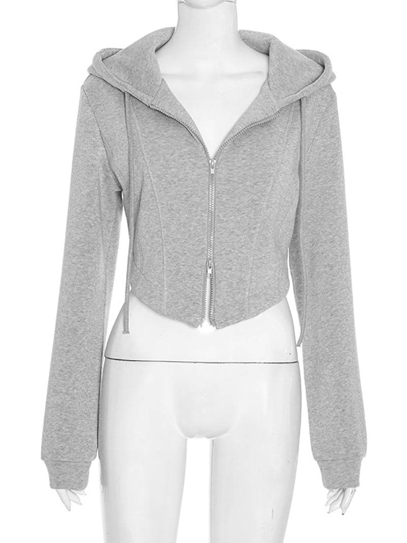 Fashion Zip Up Drawstring Crop Hoodie
