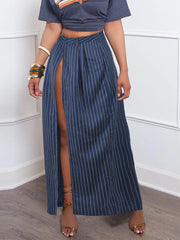 Striped Back Waist Side Silt Cotton Maxi Skirt