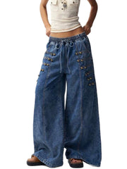 Drawstring Wide Leg Jeans with Button Trim