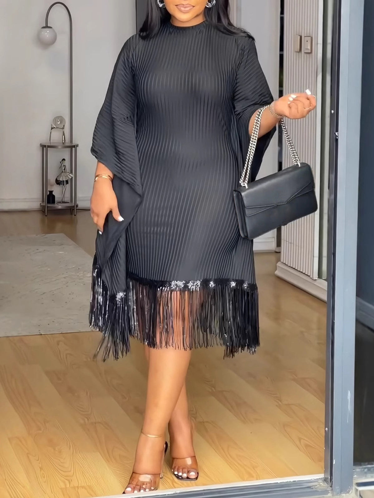 Fashion Sequin Fringe Bat Sleeve Midi Dress