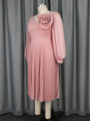 V Neck Lantern Sleeve Flower Decor Pleated Midi Dress