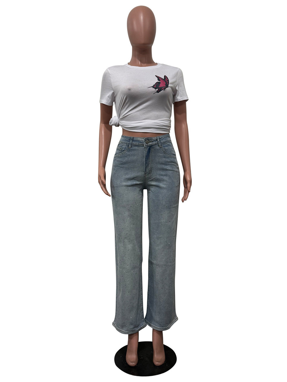 Casual High Waist Rhinestone Straight Leg Jeans