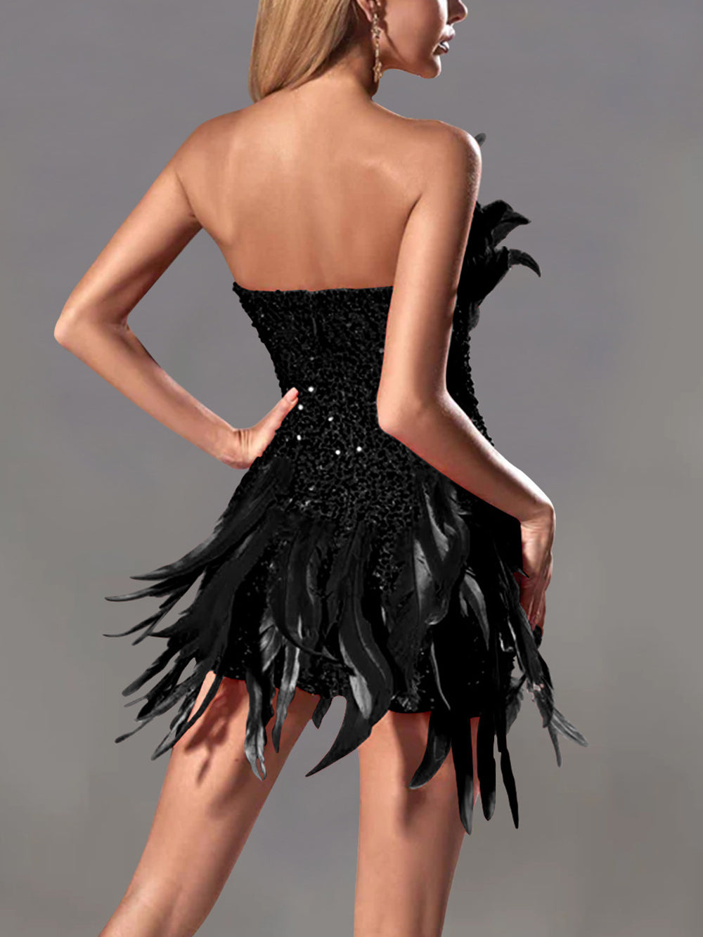 Strapless Feather Sequin Design Sexy Dress