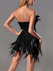 Strapless Feather Sequin Design Sexy Dress