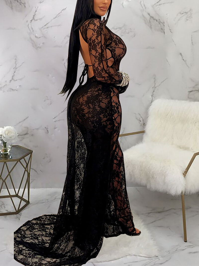 Sexy Lace Backless See through Jumpsuit