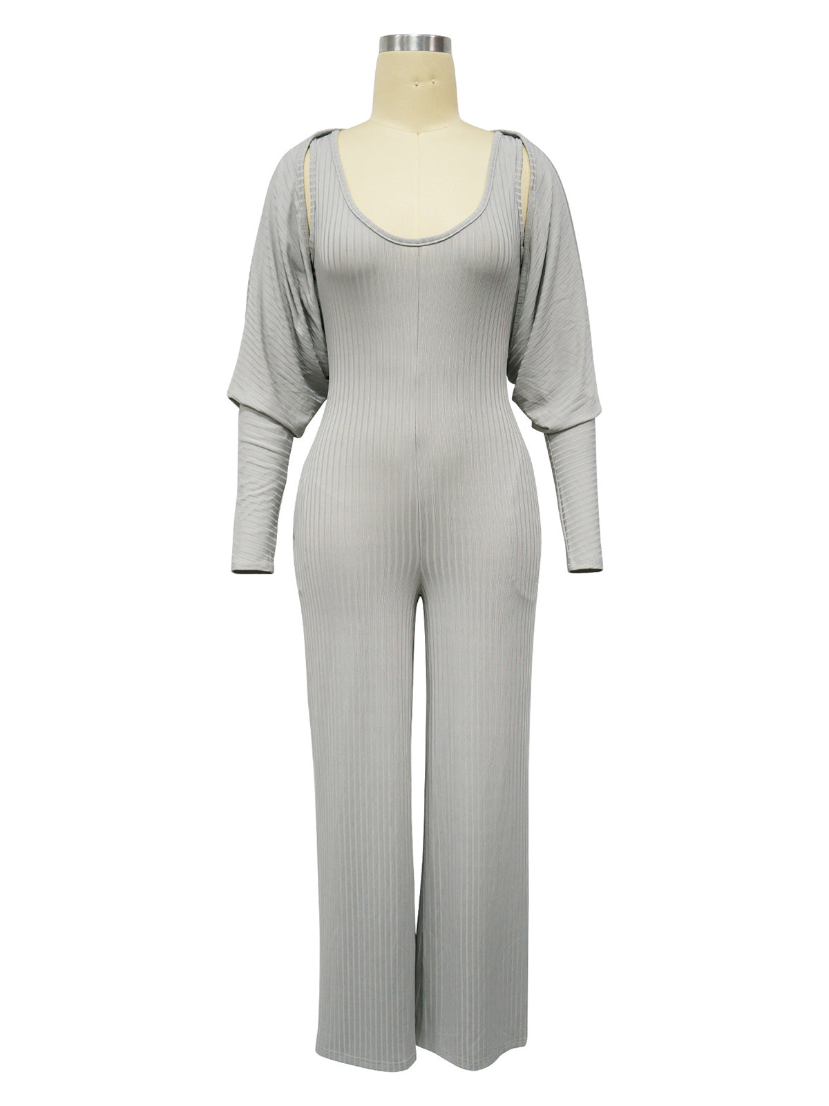Casual Ribbed Jumpsuit Long Sleeve Cardigan Set