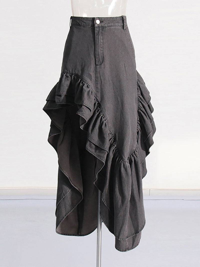 Asymmetrical Layered Ruffle High Waist Split Skirt