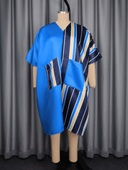 Fashion V Neck Stripe Patchwork Oversized Midi Dress