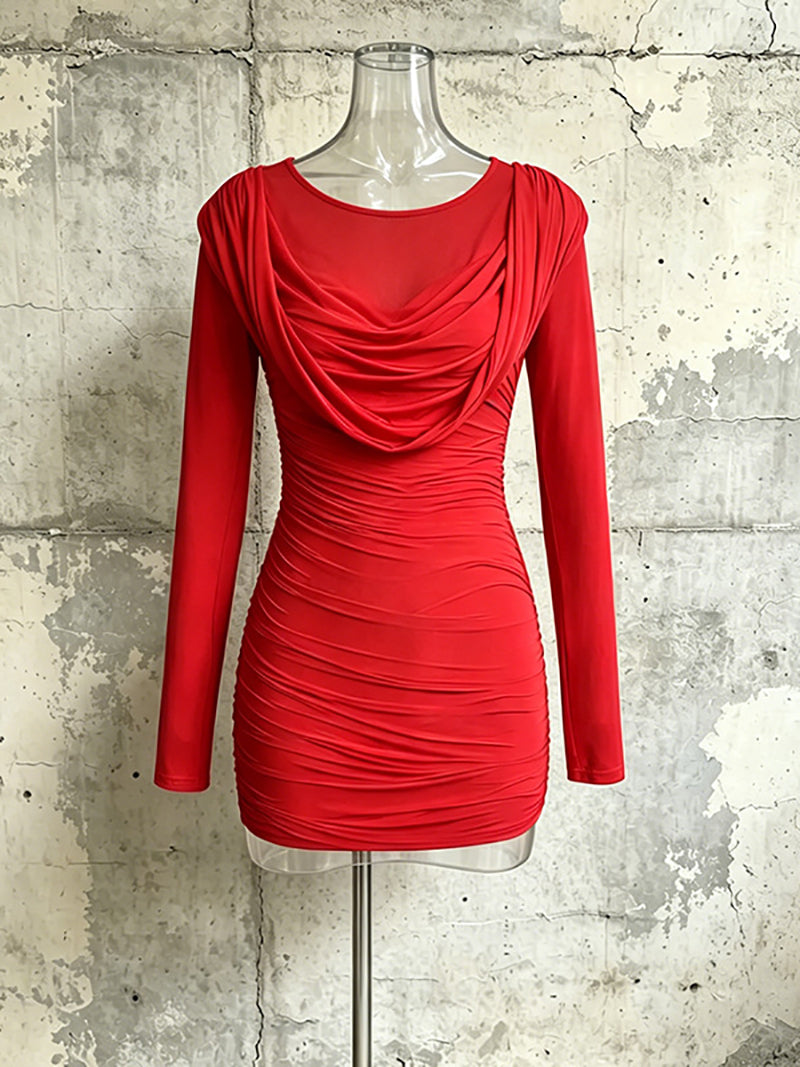 Fashion Cowl Neck Long Sleeves Ruched Mini Dress