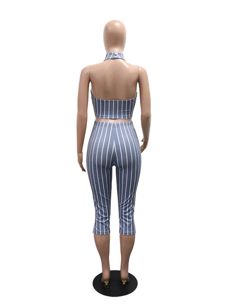 Casual Halter Stripe Sleeveless Top Skinny Pants Set
