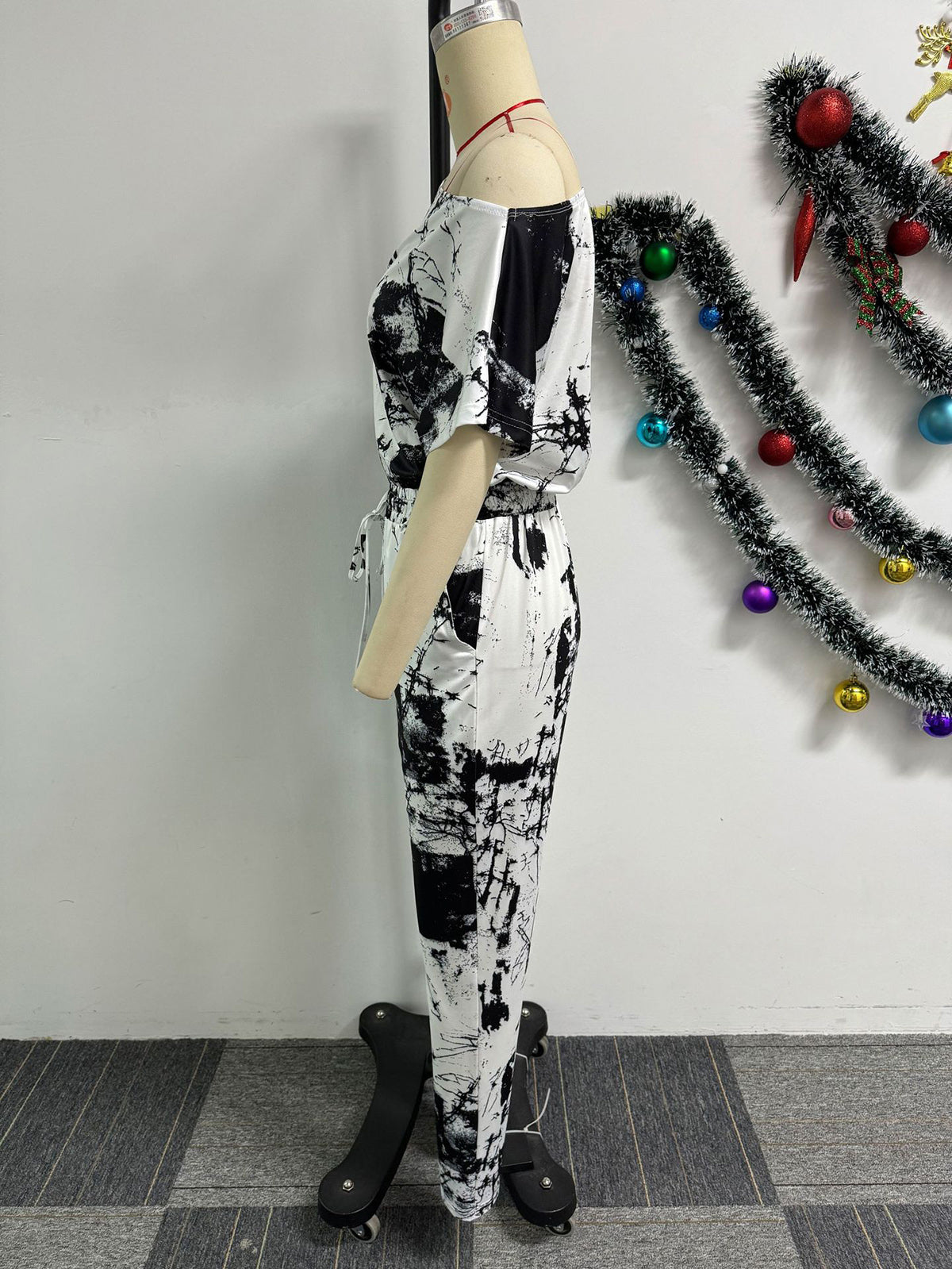 Fashion Print Short Sleeve Slim Jumpsuit