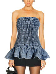 Fashion Patchwork Ruched Strapless Denim Dress