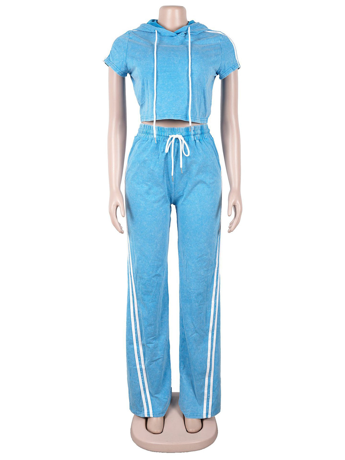 Casual Wash Cropped Hooded T Shirt and Pants Set