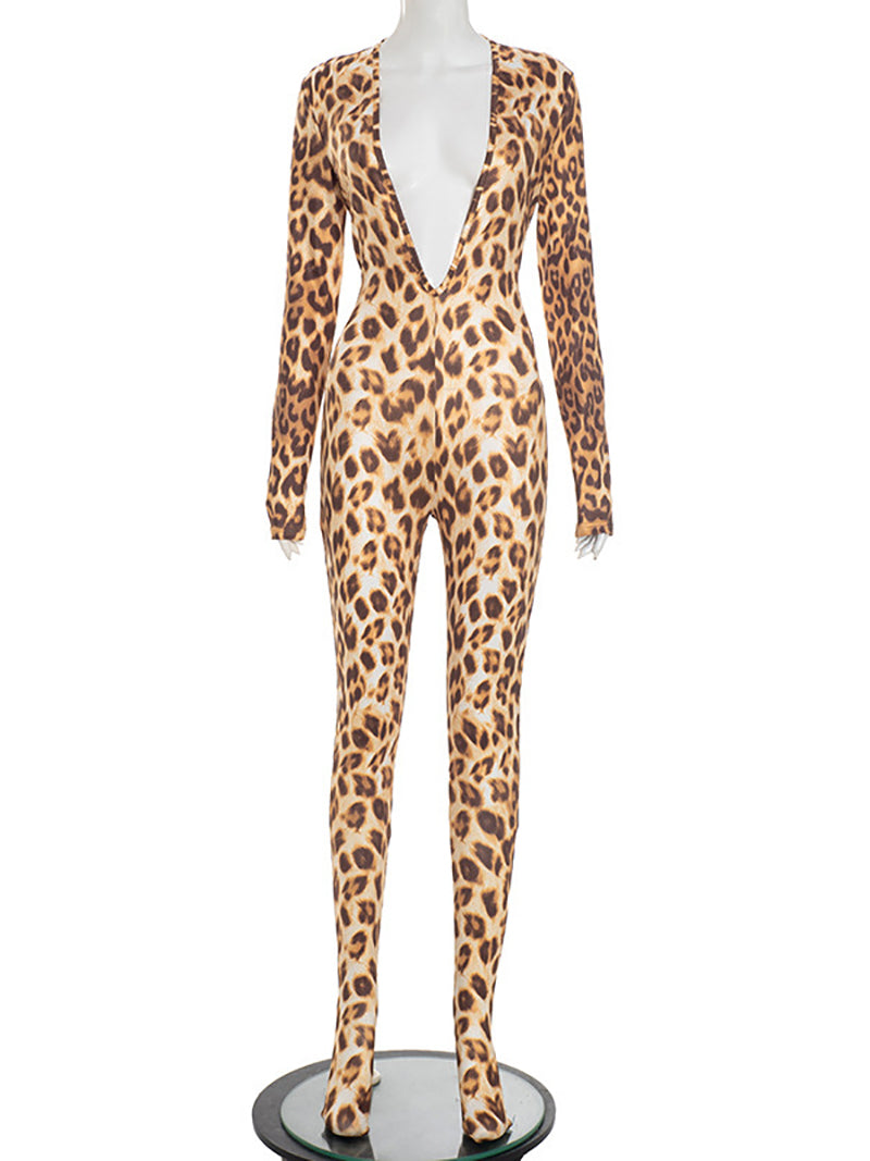 Sexy Deep V Backless Leopard Print Bodycon Jumpsuit