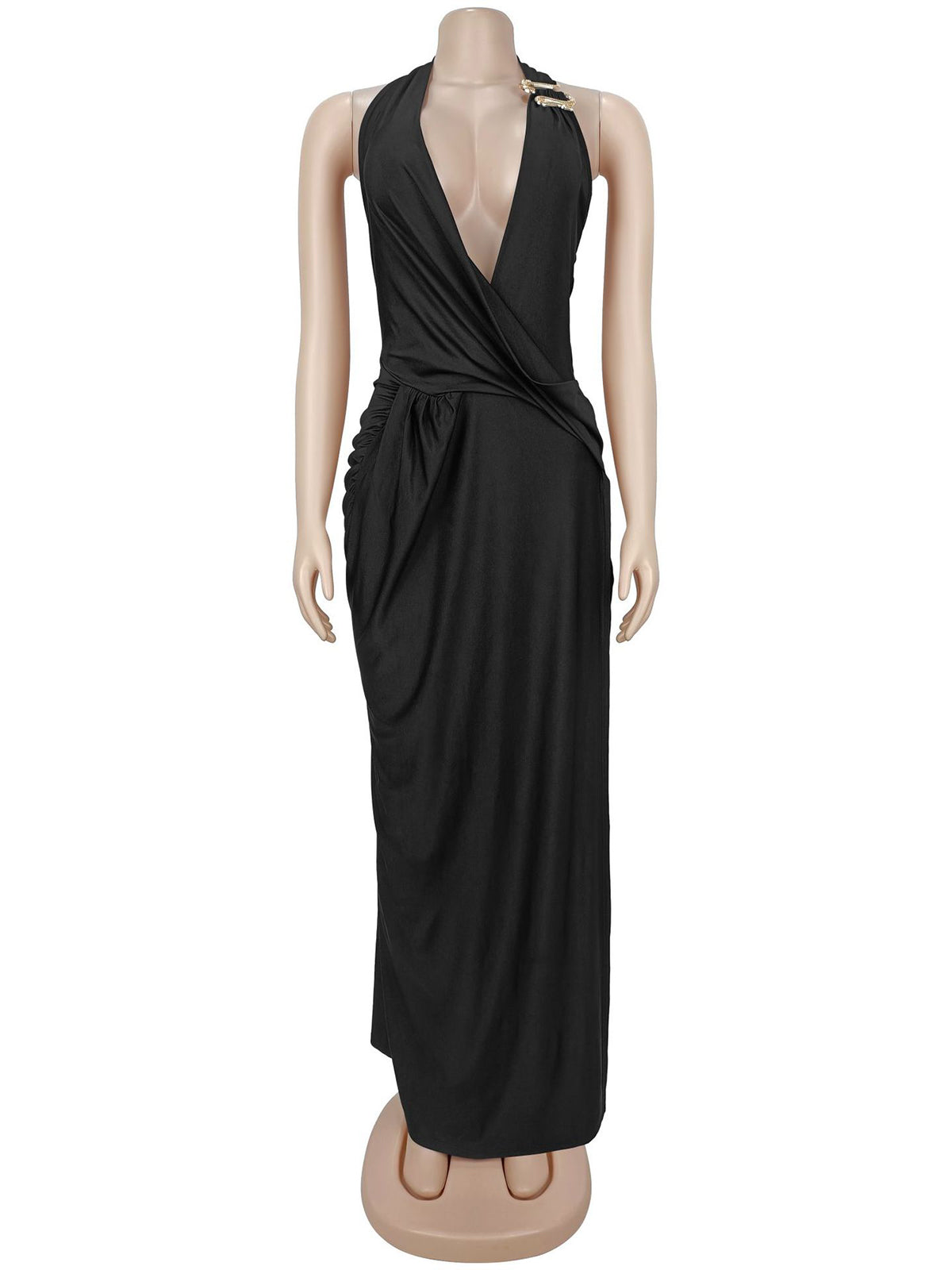 Sexy Deep V Halterneck Ruched High Slit Maxi Dress